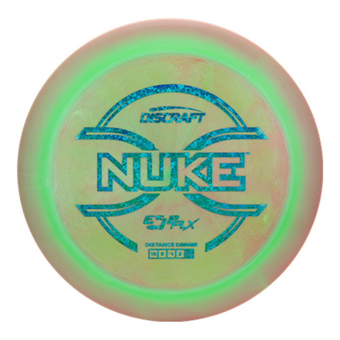 Discraft Disc Golf Discraft ESP FLX Nuke, close-up of the disc showing vibrant iridescent colors and detailed branding in blue.