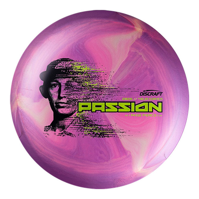 Discraft Discraft 2026 Paige Pierce Tour Series Passion, pink and purple swirl disc golf disc with graphic of Paige Pierce and bold green PASSION text.