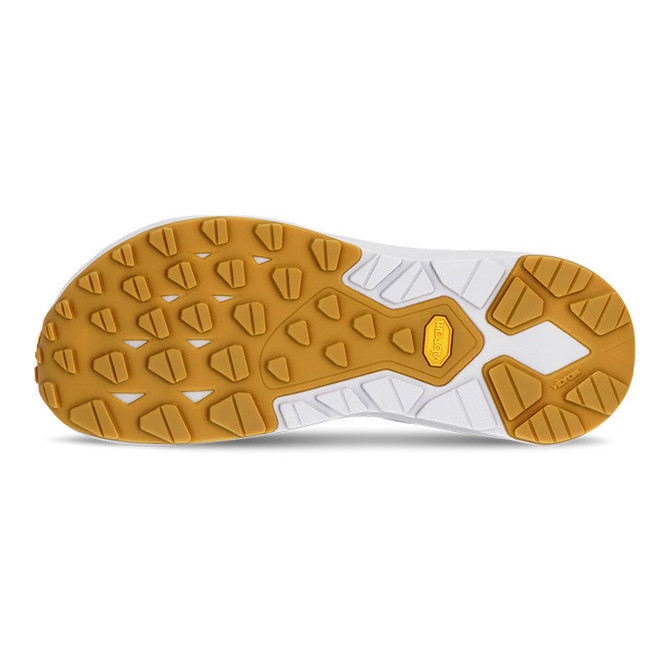 Altra Men's Voyager, close-up view of the shoe sole showing yellow and white rubber tread designed for enhanced grip and durability.