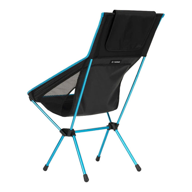 Helinox Sunset Chair (re), lightweight portable outdoor camping chair with black fabric and blue aluminum frame.