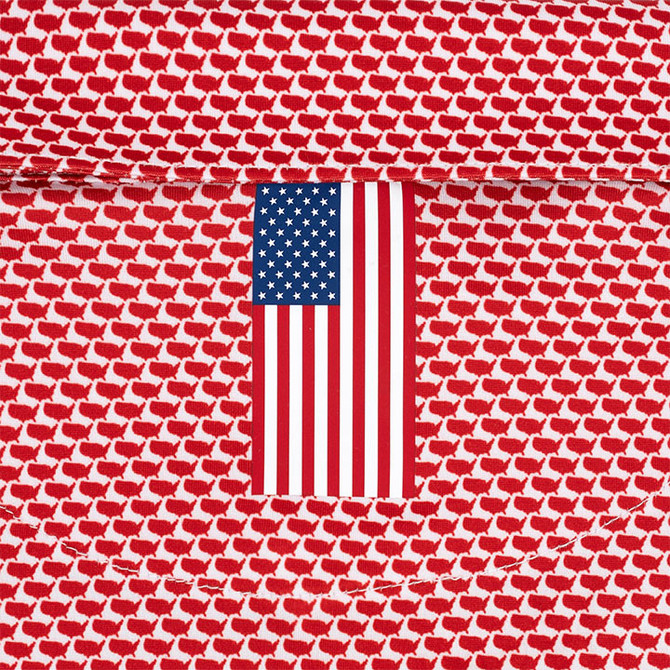 Rhoback Men's The 1776 Performance Polo, red and white patterned polo shirt with a front pocket featuring an American flag design.