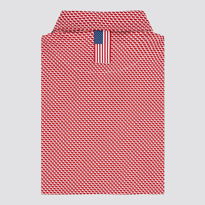 Rhoback Men's The 1776 Performance Polo, red and white patterned polo shirt with American flag detail at the collar.