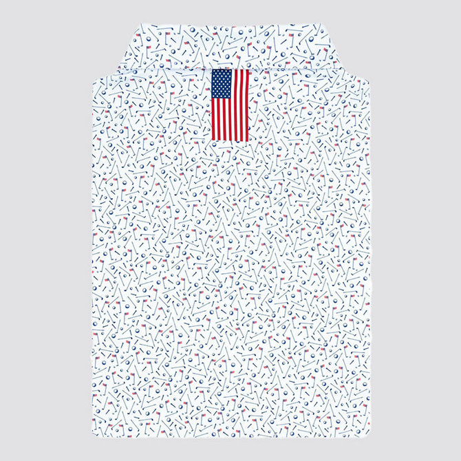 Rhoback Men's The Mulligan USA Performance Polo, white polo shirt with abstract blue and red geometric pattern and American flag detail at the collar.