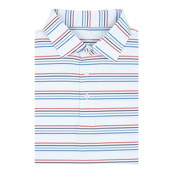 Rhoback Men's The Ivy Stripe Performance Polo, white polo shirt with red and blue horizontal stripe pattern and collared neckline.