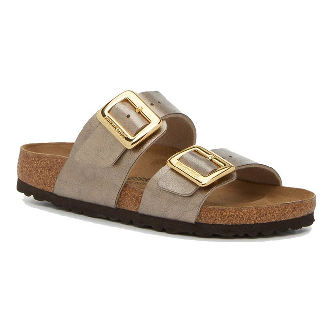 Birkenstock Sandals Birkenstock Sydney Luxe Buckle Sandal, view of the sandal featuring two grey straps with gold buckles, cork footbed, and black sole.