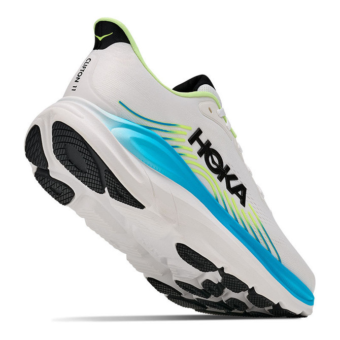 HOKA Men's Clifton 11 running shoe, white with blue and green accents, lightweight design with cushioned sole and breathable upper.