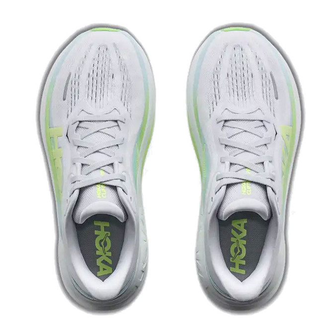 HOKA Hoka Women's Clifton PRO, white running shoes with lime green accents, top view showing cushioned design and breathable fabric.