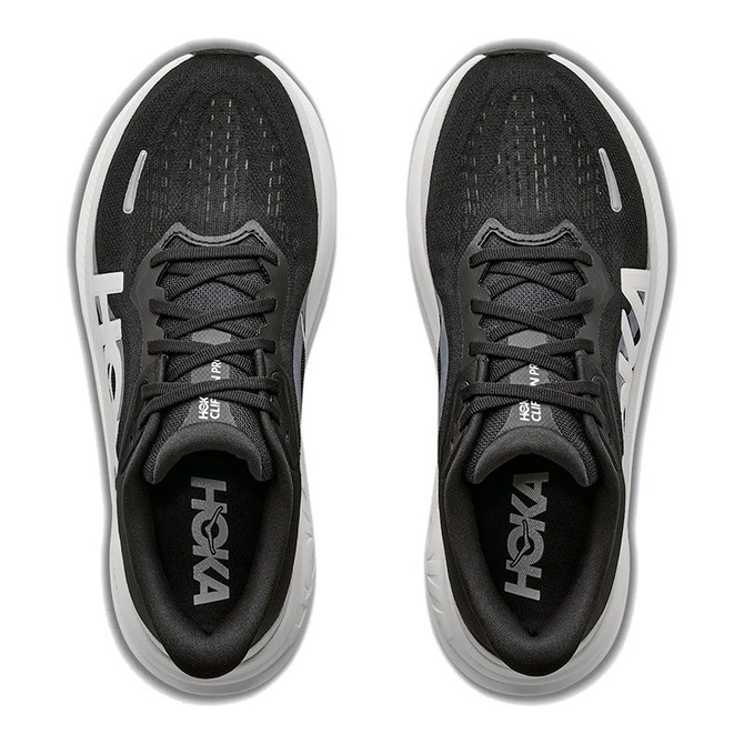HOKA Men's Clifton PRO running shoes, black with white accents, top view of athletic sneakers.