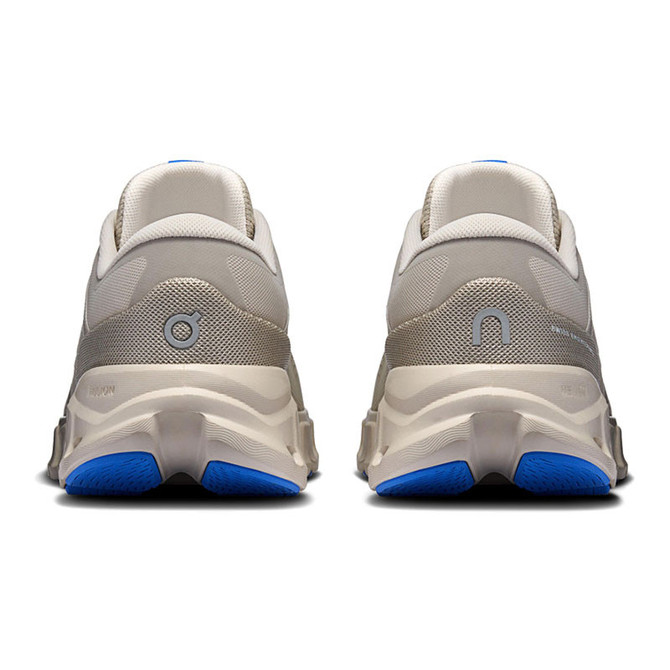 On Running Men's Cloud X 5, pair of athletic running shoes with a white, gray, and blue color scheme shown from the back view.