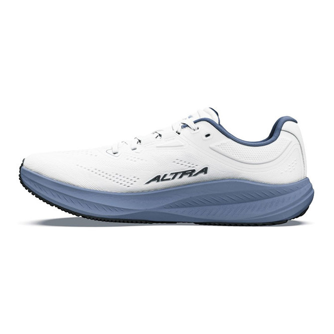 Altra Men's Torin 9, a white running shoe with a blue sole and the Altra logo on the side.
