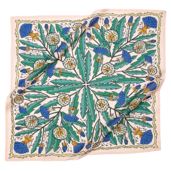 Handker Bandanas, vibrant floral patterned handkerchief with dandelions and blue flowers in green leaves design