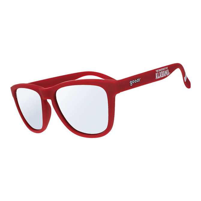 Goodr Collegiate Sunglasses, red sunglasses with reflective lenses, featuring University of Alabama branding and a sporty design.
