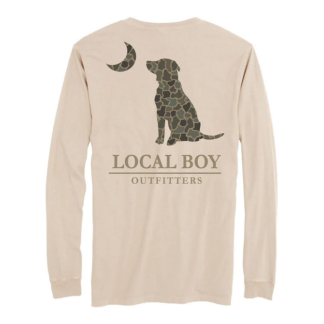 Local Boy Youth Brush Camo Dog and Moon Long Sleeve T-Shirt, beige long sleeve shirt with a camo dog and moon graphic design on the back.