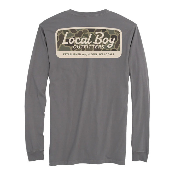 Local Boy Youth Brush Camo Mark Long Sleeve T-Shirt, gray color with camouflage logo print on the back