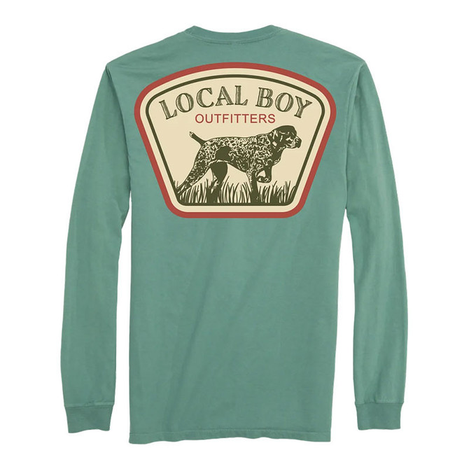Local Boy Youth GSP Badge Long Sleeve T-Shirt, teal long sleeve T-shirt with a large vintage-style graphic of a dog and grass on the back.