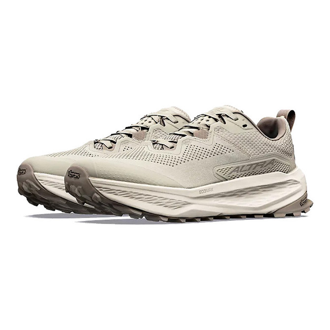 Altra Men's Olympus 7, image of a beige and black trail running shoe with cushioned sole and breathable upper design.