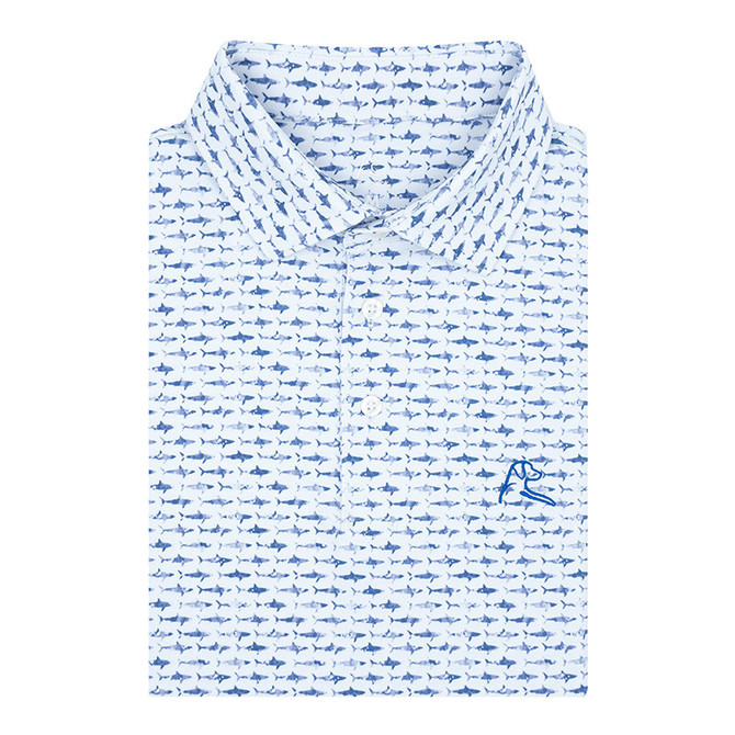 Rhoback Men's The Shark Performance Polo, white shirt with blue shark pattern and embroidered shark logo.