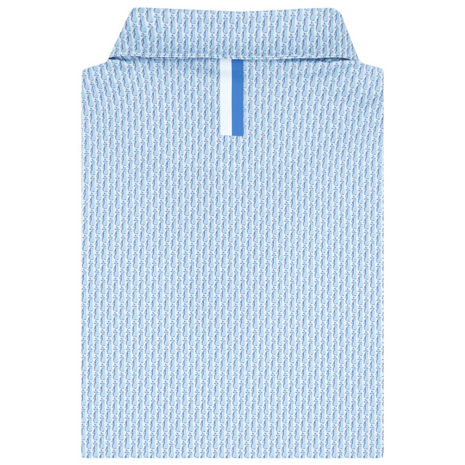 Rhoback Men's The Sticks 2.0 Performance Polo, blue polo shirt with a pattern of small, stylized golf clubs, featuring a collar and a front button placket.