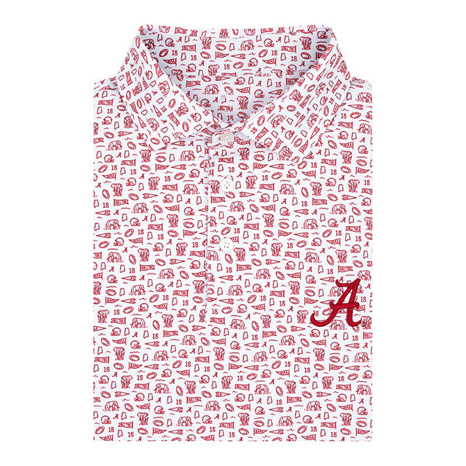 Rhoback Men's Alabama Gameday 2.0 Performance Polo, white shirt with red game-related patterns and a large Alabama 'A' logo embroidered on the lower right side.