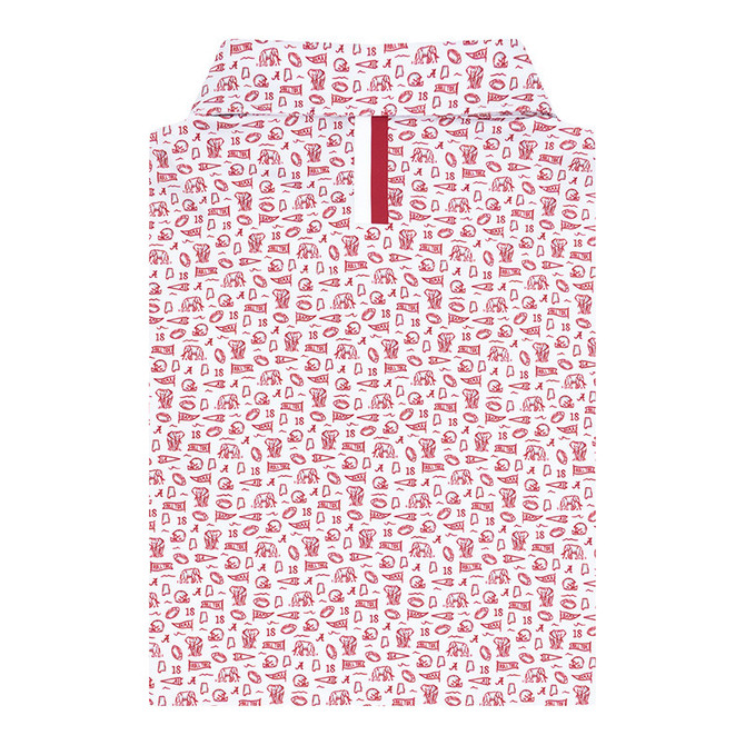 Rhoback Men's Alabama Gameday 2.0 Performance Polo, white shirt with red themed football and game day icons pattern.