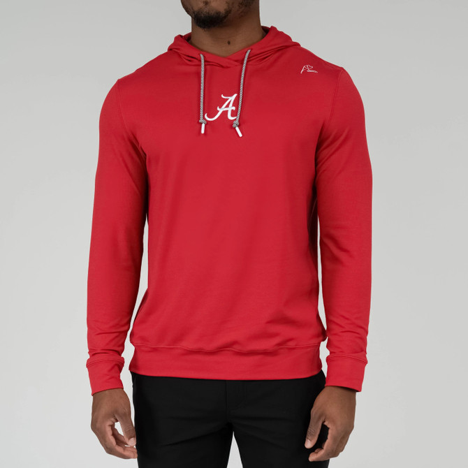Rhoback Men's Hesi Collegiate Hoodie A, a red hoodie with white embroidered university logo on the chest and a small logo on the shoulder, featuring a drawstring hood and long sleeves.