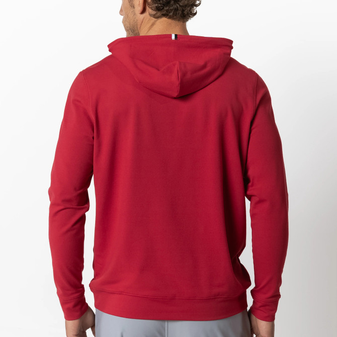 Rhoback Men's Hesi Collegiate Hoodie Script - Alabama, red hoodie with a hood, back view showing a small branded tag at the neckline.