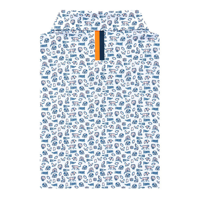 Rhoback Men's Auburn Gameday 2.0 Performance Polo, blue and white patterned design with sports and university-themed icons.