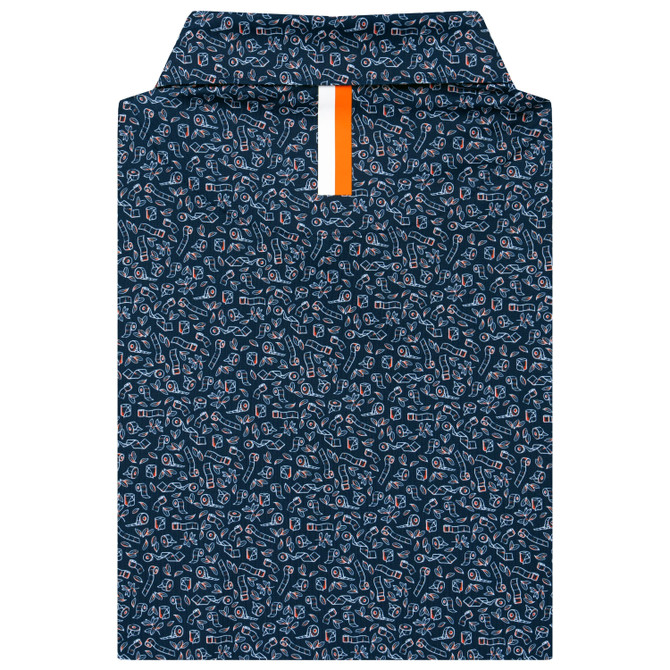 Rhoback Men's Auburn Let's Roll Performance Polo, navy polo shirt laid flat showing an allover orange and white Auburn-themed pattern and a white and orange striped collar placket.