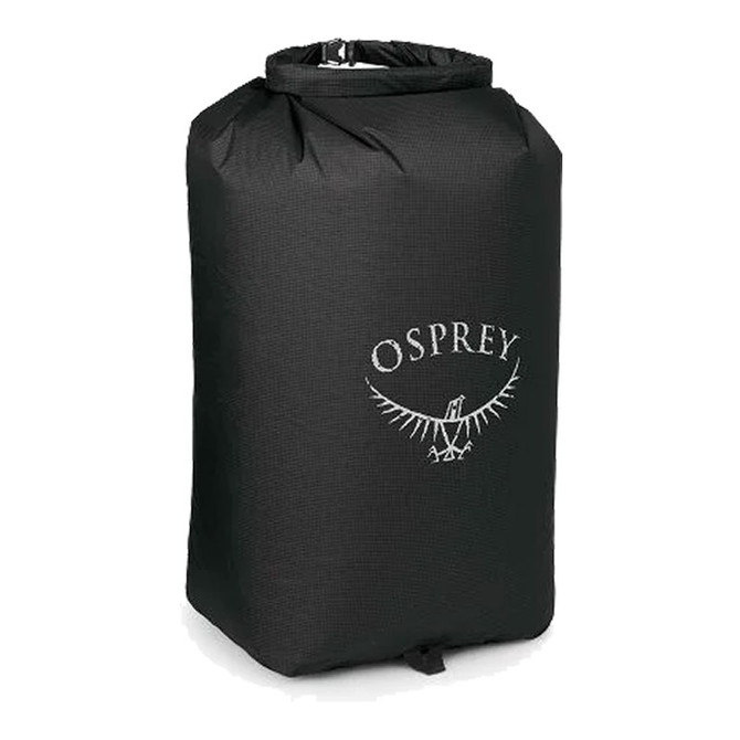 Osprey Packs Osprey Ultralight DrySack 35L, black dry storage bag with top roll closure and the Osprey logo on the front.