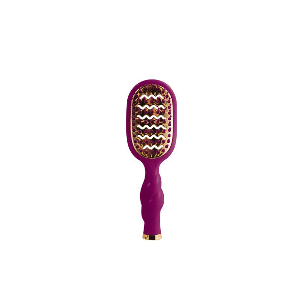 Teleties Mini Vented Hair Brush, purple mini vented hairbrush with gold accents and a curved ergonomic handle.