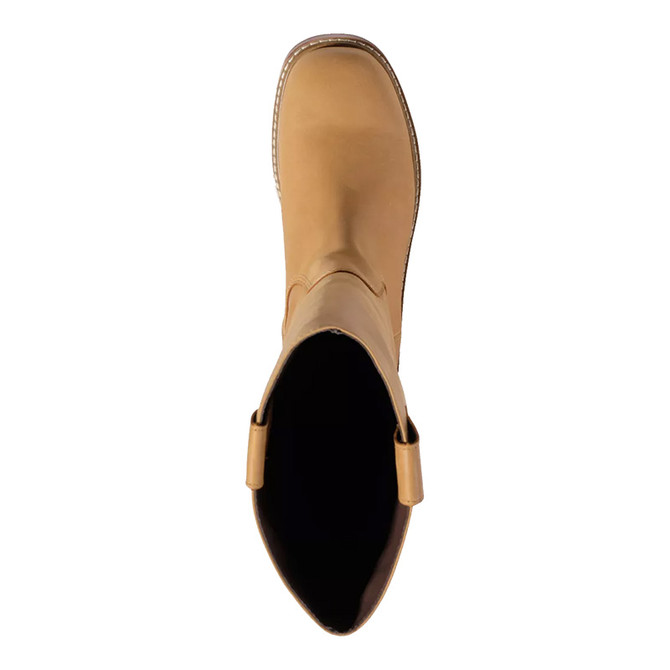 L.L.Bean Women's West End Boot, tan leather ankle boot with a rounded toe and pull tab at the back, viewed from the top.