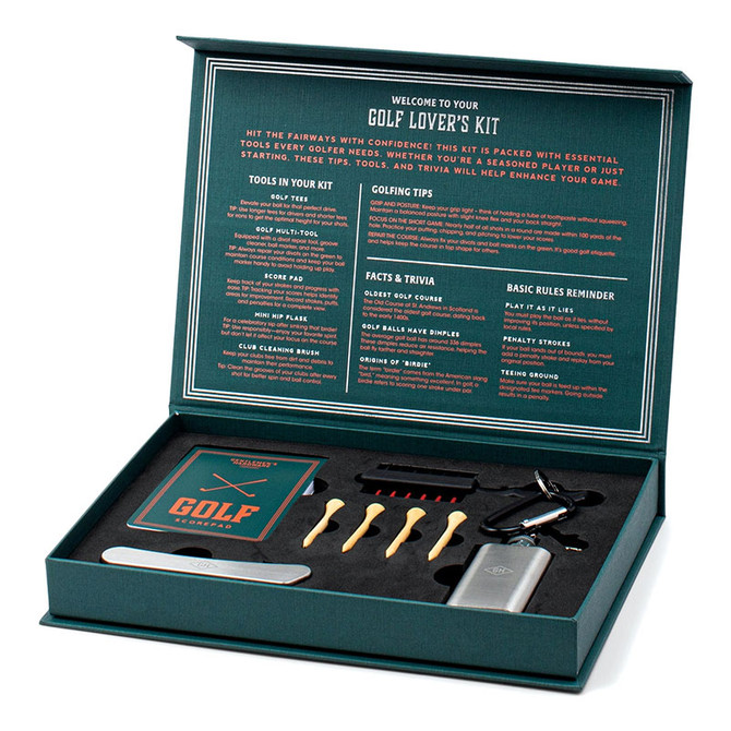 Gentlemen's Hardware Golf Kit, open green gift box displaying golf tees, a divot tool, ball marker, bottle opener, and golf tips and trivia on the lid.