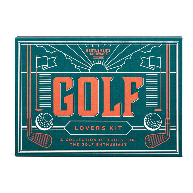 Gentlemen's Hardware Golf Kit, teal gift box with orange and white vintage golf graphics, golf clubs, golf balls, and “Golf Lover’s Kit” lettering.