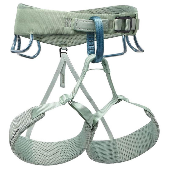Black Diamond Women's Momentum Harness, climbing harness with adjustable straps and padded waist belt for women.