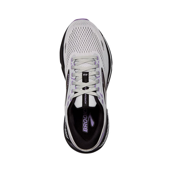 Brooks Running Brooks Women's Adrenaline Gts 23, top view of a white and purple running shoe with mesh upper and cushioned midsole.