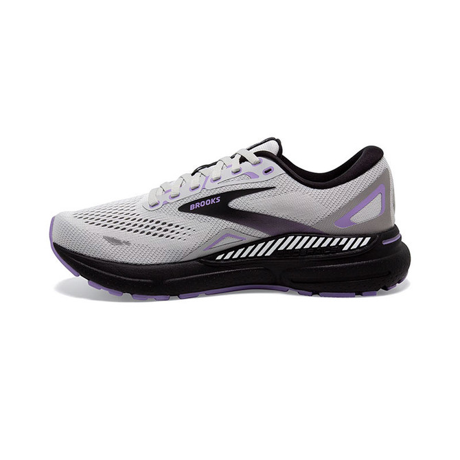Brooks Women's Adrenaline Gts 23 running shoe, lightweight athletic sneaker with a white, black, and purple color scheme, featuring breathable mesh upper and cushioned sole.