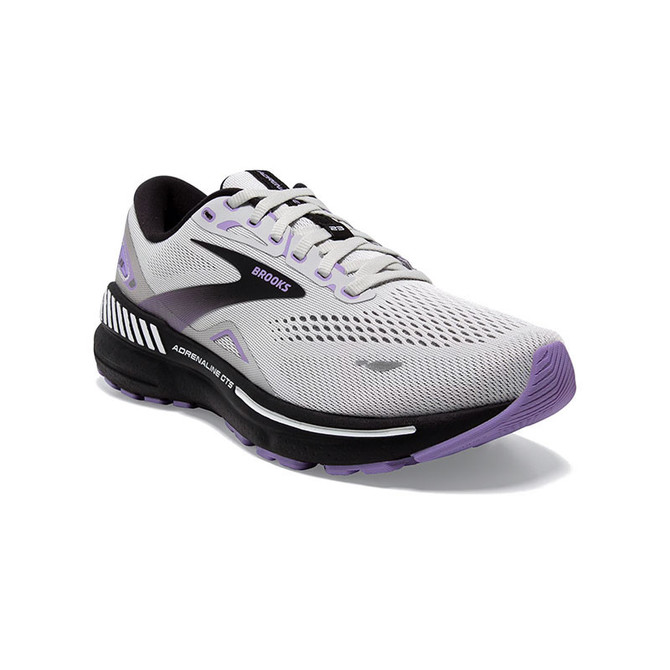 Brooks Women's Adrenaline Gts 23 running shoe, white and purple athletic sneaker with breathable mesh upper and cushioned sole.