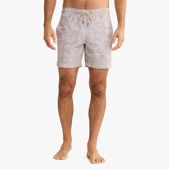 Fair Harbor Men's the Bayberry Trunk, stylish men's swim trunks with a unique geometric pattern, beige and white, with a drawstring waist for comfortable fit.
