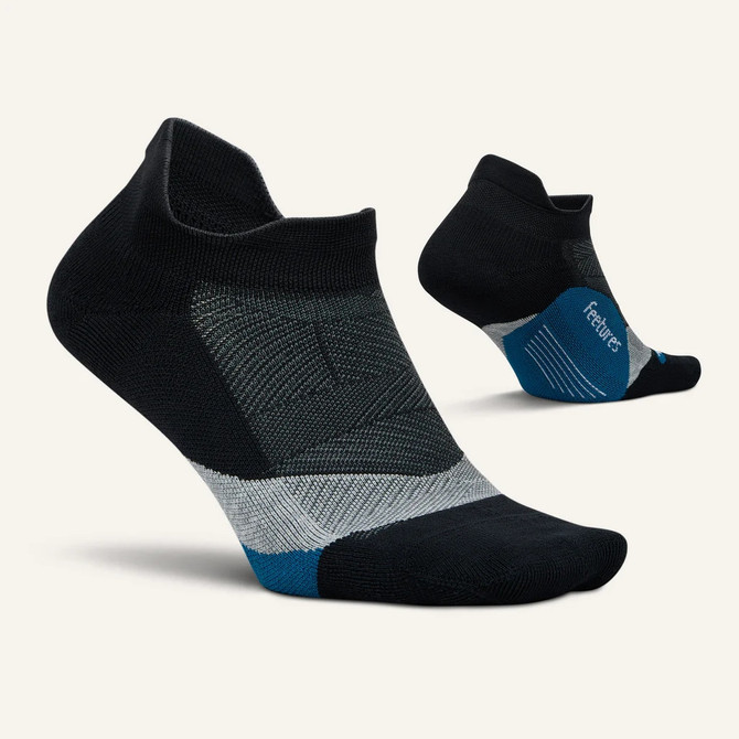Feetures Elite Light Cushion No Show Tab, black and blue athletic no-show socks with cushioning, designed for comfort and performance.