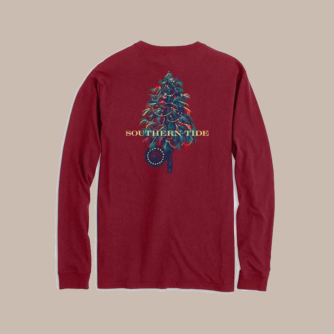 Southern Tide Men's Long Sleeve Fishing Fly Tree Tee, back view of a red long sleeve shirt featuring a colorful Christmas tree design with the text Southern Tide.