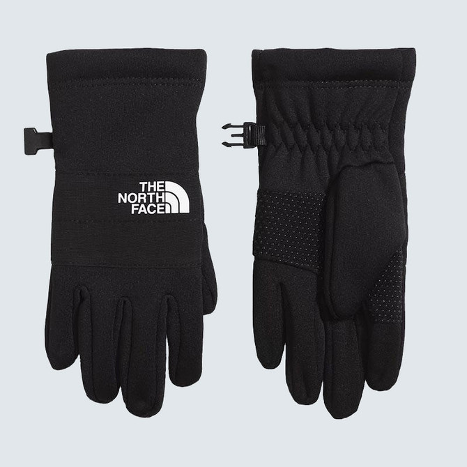 The North Face Kids' Sierra Etip Gloves, black insulated gloves with touchscreen-compatible fingertips and the logo on the back.