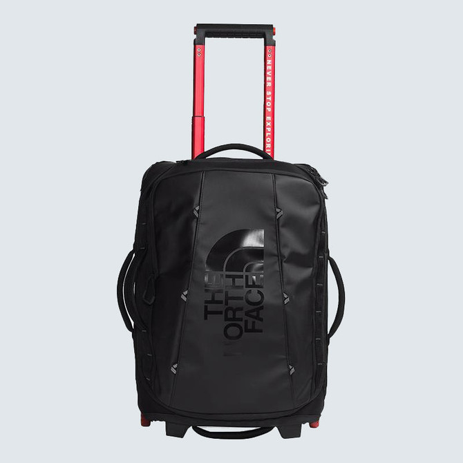 The North Face Base Camp Rolling Thunder - 22, black rolling backpack with extended red handle and large logo on front.