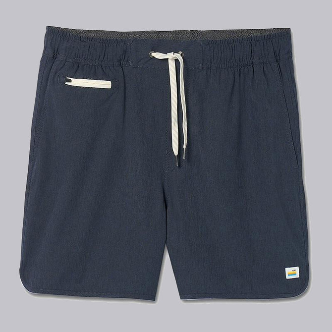 Vuori Men's Banks Shorts - 5 inch Inseam, navy blue athletic shorts with elastic waistband, drawstring, and zippered pocket.