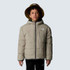 Summer Sale exclusions The North Face Boys' Reversible Shasta Full-Zip Hooded Jacket, a young boy wearing a beige, puffy, reversible jacket with a hood and North Face logo, standing against a plain background.