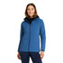 L.L.Bean Women's Primaloft Packaway Air Hoodie, blue lightweight insulated jacket with hood and full zip in front on a smiling woman.