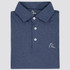 Rhoback Men's Heather Performance Polo, folded navy blue polo shirt with a collar and white buttons, featuring a small embroidered dog logo on the chest.