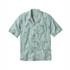 L.L. Bean Men's Tropics SS Shirt, light blue short-sleeve button-up shirt with a tropical leaf pattern and a pocket on the left chest.