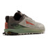 Altra Men's Lone Peak 9+ hiking shoe, side view showing grey and green design with red accents and rugged tread outsole.