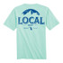 Local Boy Distressed Latte SS Tee, front view of a light latte-colored T-shirt with a blue graphic design featuring mountains, the words 'LOCAL BOY' and 'BREWED IN U.S.A.'