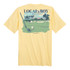 Local Boy 18th Hole SS Tee, yellow golf-themed T-shirt with a graphic of a golf course, golf club, and golf ball.